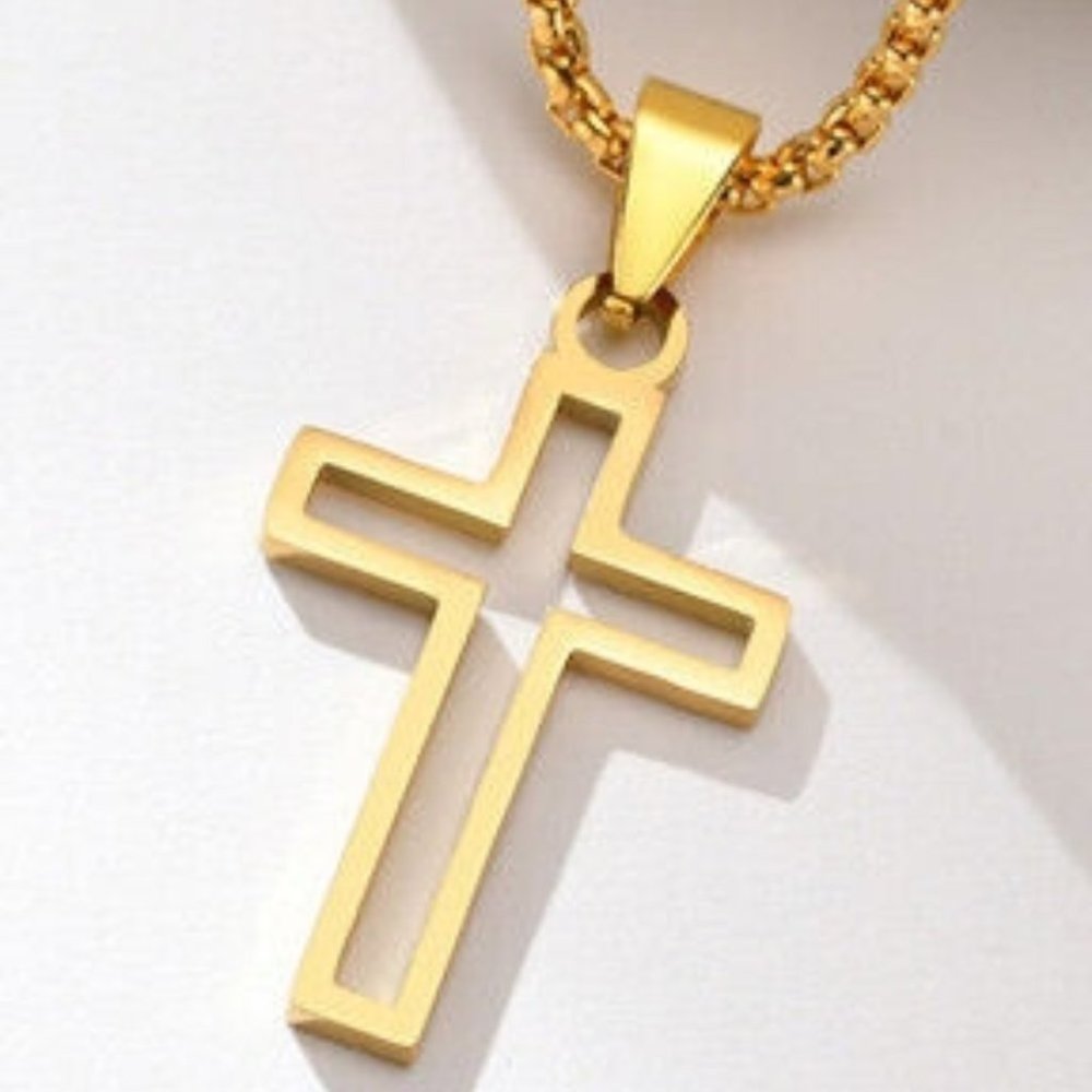 New Men's 18k Gold Over Silver Cross Necklace